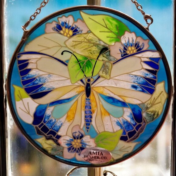 Amia Other - Amia Stained Glass Style Butterfly & Flower Suncatcher Round Indoor Window Decor